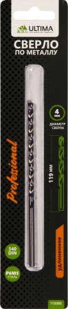 Сверло по металлу Ultima спиральное, удлиненное, P6M5, 4,0х119 мм Сверло по металлу Ultima спиральное, удлиненное, P6M5, 4,0х119 мм